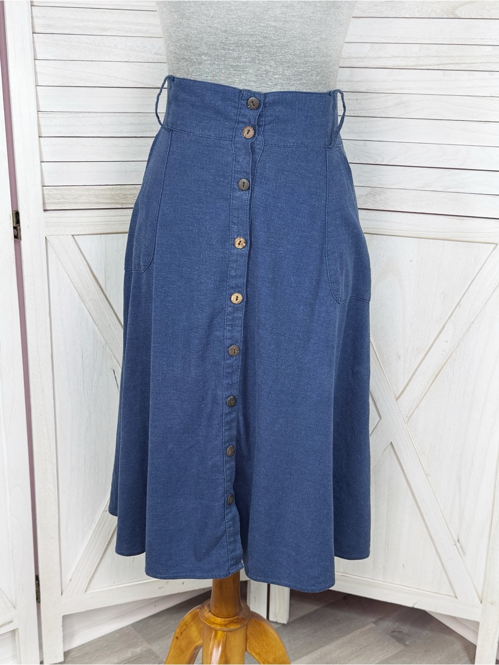 Vintage Y2K Tropical Wear Button Front High Waist A Line Midi Skirt Blue Small